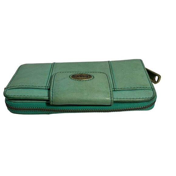 Fossil Explorer Womens Teal Leather Bifold Wallet Zip-Around Clutch Snap Flap - Picture 7 of 9